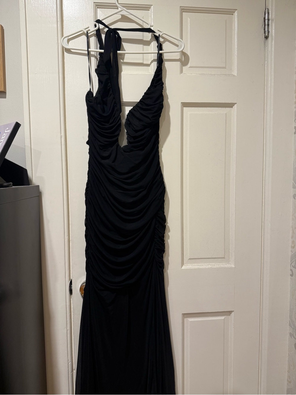 Lulu's Black Backless Ruched Halter Evening Dress
